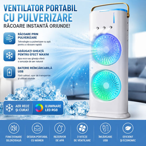 Ventilator Portabil cu Pulverizare Apa, Răcire cu Gheață