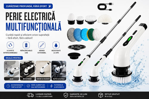 Perie Electrică Rotativă 9 în 1 – Curățenie Rapidă și Fără Efort pentru Toată Casa